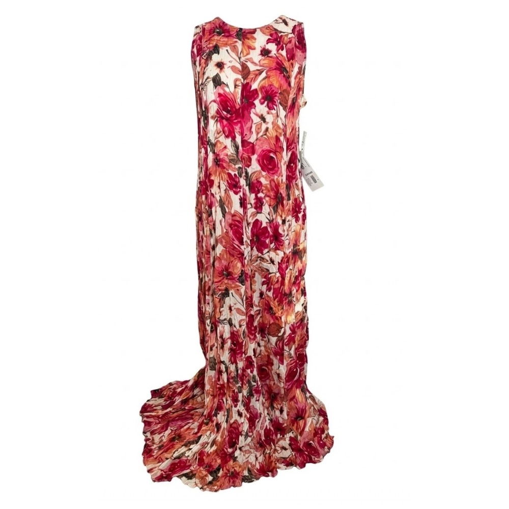Nostalgia Pink Orange Floral Pleated Crinkle Maxi Dress Sleeveless Womens Large